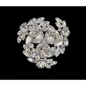 Sherman Brooch Signed Clear Rhinestone Classic Round Layered Floral Vintage 50s